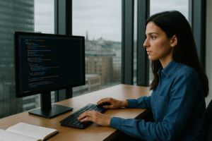 Phyton Software developer working with Python code in a modern Dublin, Ireland office.