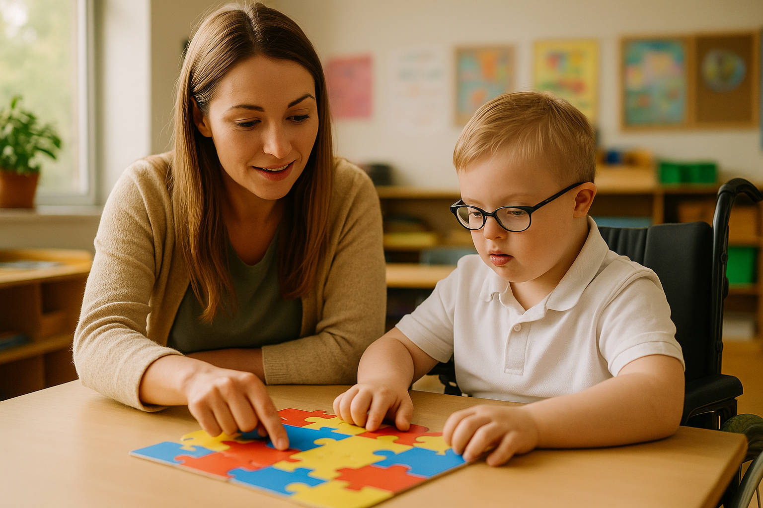 pecial needs assistant helping a young boy with Down syndrome complete a colourful puzzle in a bright Irish classroom