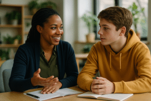 photo of a young woman mentor engaging in conversation with a teenage boy mentee at a sunlit community-centre table; notebooks and greenery surround them