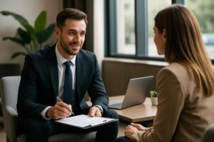 Financial advisor discussing loan options with a client in a modern, sun-lit office.