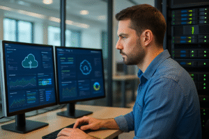 DevOps engineer focused on dual cloud-monitoring dashboards beside a server rack in a modern Irish tech office.