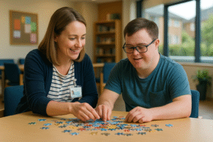 Support worker guiding a young man with Down syndrome through a jigsaw-puzzle activity in a bright Irish community centre.