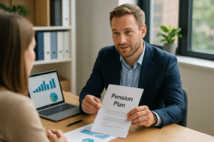 Financial advisor explaining a pension plan to a client in a bright Irish office