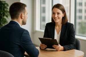 Job candidate maintaining eye contact with HR manager during an interview in a bright, modern office