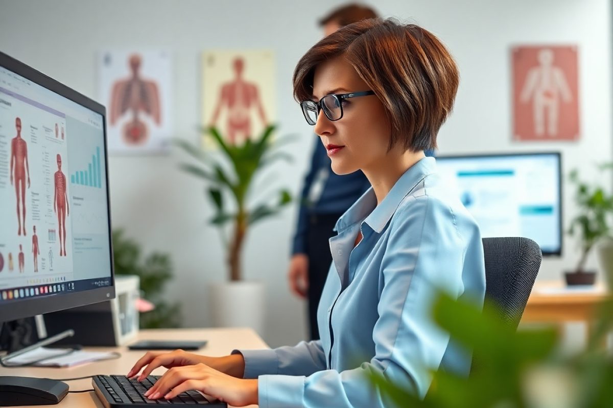 medical administrative assistant, short brown hair, glasses, light blue blouse, sits at a desk